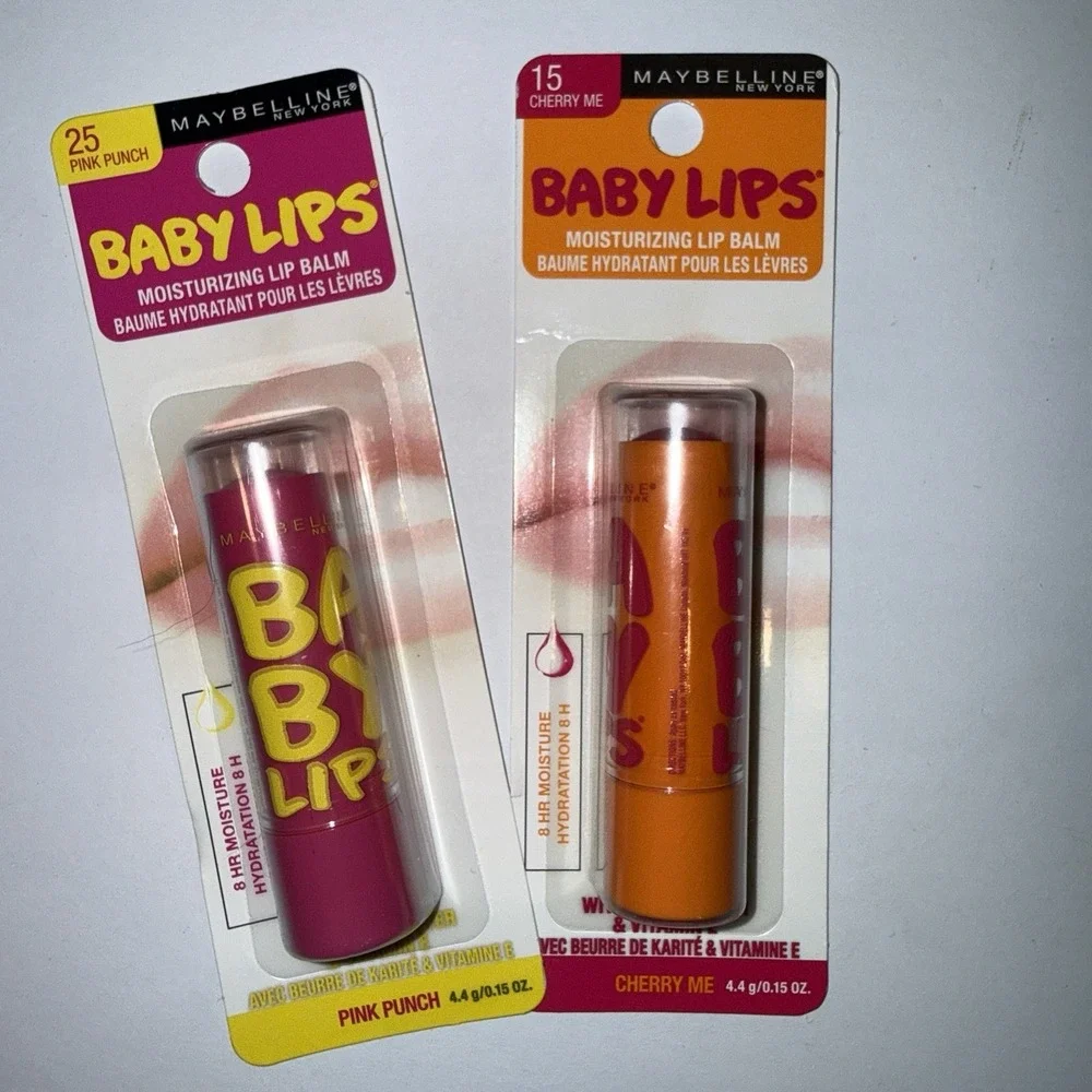 Maybelline Baby Lips Lip Balm Lot of 2 Pink Punch 25 & Cherry Me 15 NEW Sealed